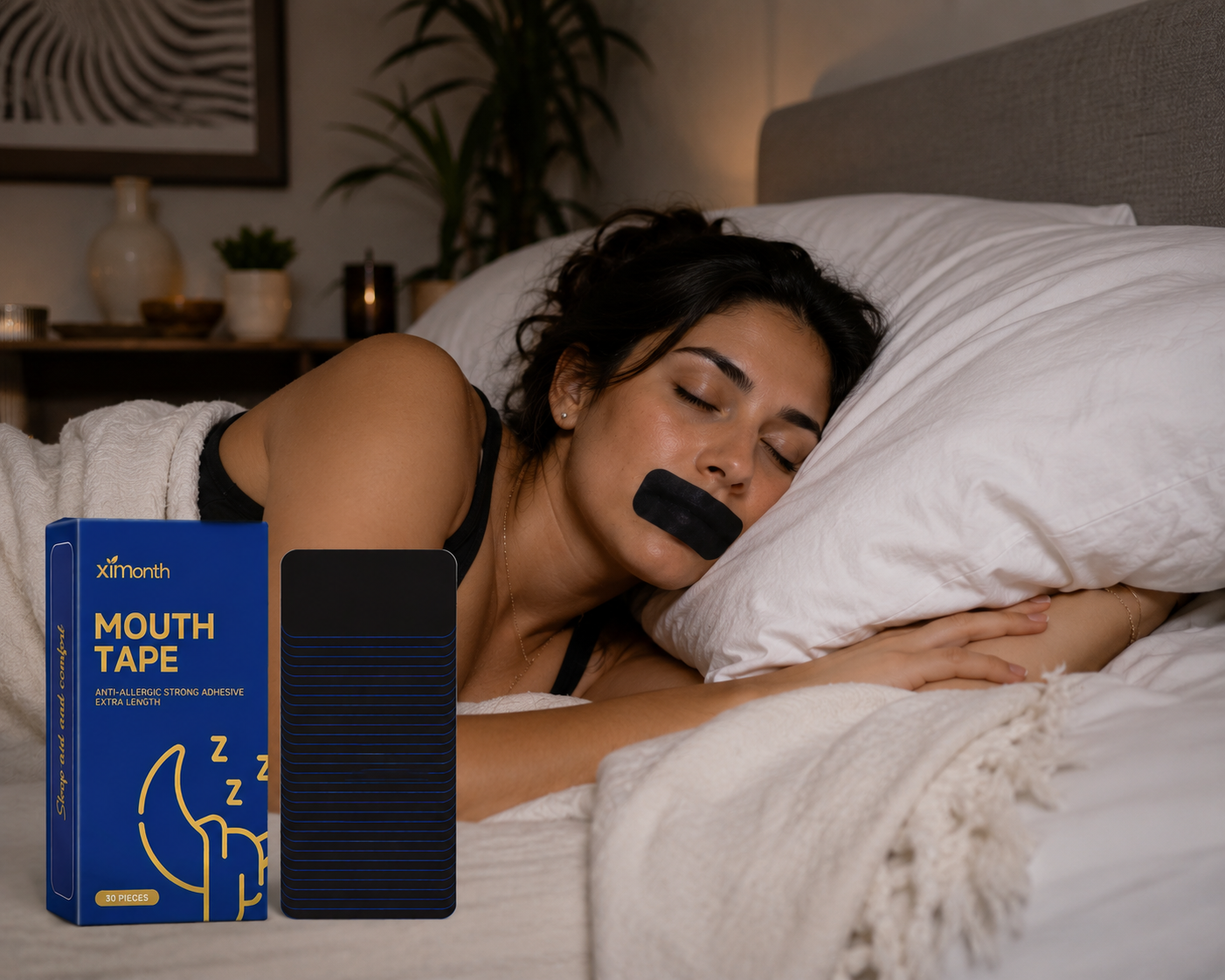 Woman sleeping peacefully with Driftwell Mouth Tape
