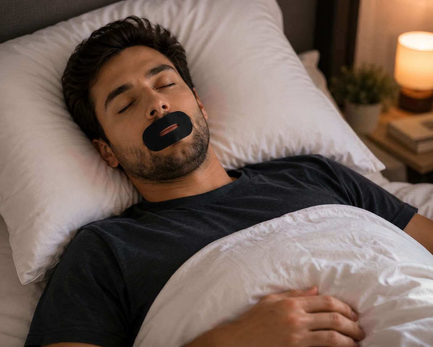 Man sleeping peacefully with mouth tape