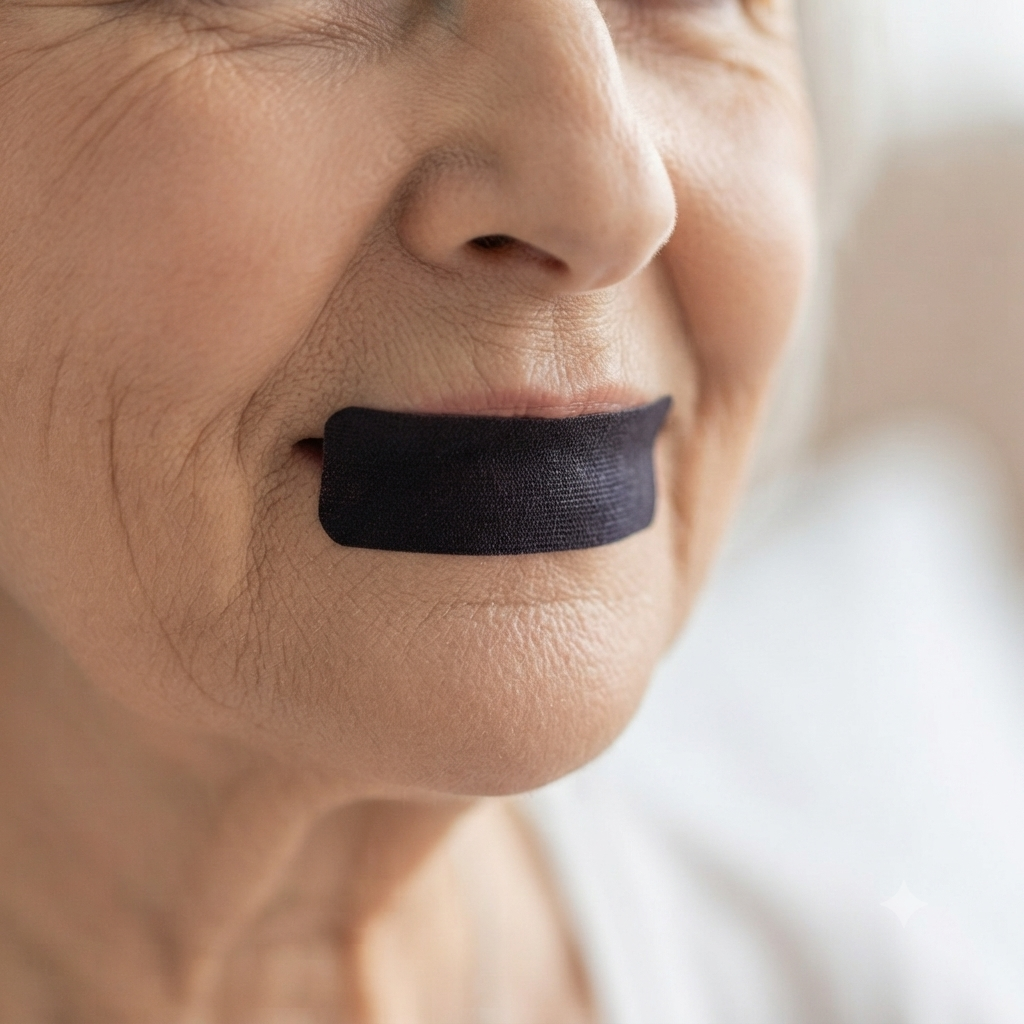 Mouth tape applied, close-up