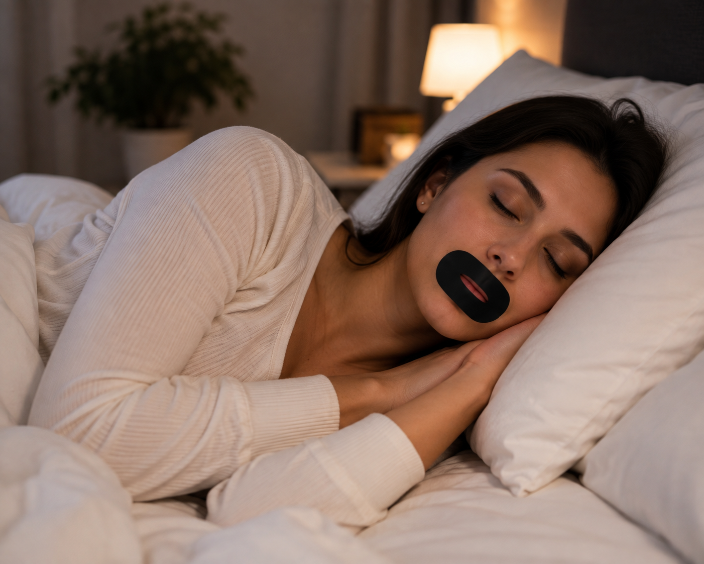 Woman sleeping peacefully with Driftwell Mouth Tape