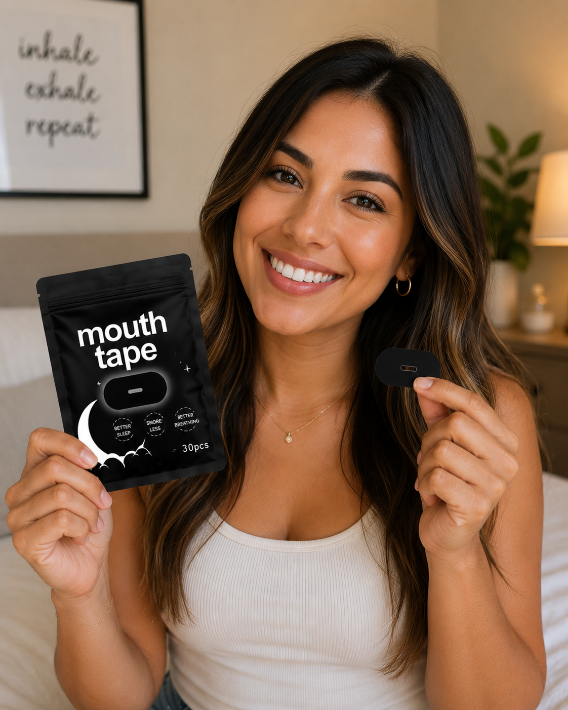 Person mouth taping while sleeping